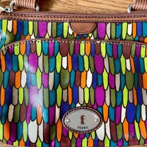 FOSSIL Key-Per Purse Multi Color Print Coated Canvas Cross Body Handbag with Key